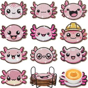 Motipuns 10 Pcs Cute Diamond Paintings Coasters Kits Set with Holder, Diamond Painting Small Coasters Kits for Beginners Adults DIY Art Craft Gifts Home(Axolotl)