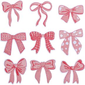 9Pcs Girly Iron On Bow Patches Pink Bow Patches for Clothes Cute Embroidery Bowknot Patch for Hat Clothing DIY Jeans Jackets Backpacks Shirt Sewing Repair