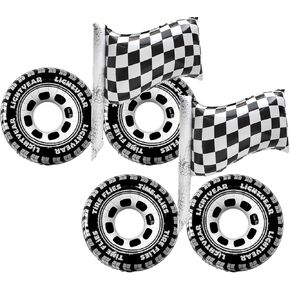 6pcs Tyre Racing Flag Balloon Tire Racing Balloons Wheel Balloons Classic Black White Foil for Race Car Birthday Party Decorations Racing Birthday Party Traffic Party Car Baby Shower Party Supplies