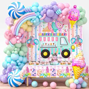 Winrayk Ice Cream Party Decorations Birthday Supplies for Girls, Pastel Ice Cream Balloons Garland Arch Kit Backdrop Tablecloth Candy Long Strip Balloon, Two Sweet Ice Cream Birthday Party Decorations