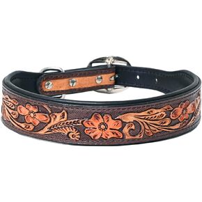 Hilason Floral Hand Tooled Strong Genuine Leather Dog Collar Brown Large