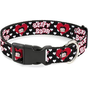 Fleischer Studios, Inc. Pet Collar, Dog Collar Plastic Buckle, Betty Boop Face and Text Hearts Black White Red, 15 to 24 Inches 1.0 Inch Wide