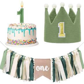 Yaomiao Baby Boy 1st Birthday Decorations Set for Boys Girls 1st Wild One Highchair Banner with Green Tassel Garland Birthday Crown Hat Number Candles Jungle Theme Safari Party for Baby Photo Props