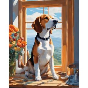 SVINOILER Adults Paint by Number Kits, Beagle on Windowsill, Paint by Number Kits on Canvas, DIY Oil Paintings for Beginners Arts and Crafts, 40x50cm No Frame