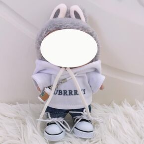 17cm Doll Outfit Set, White Hoodie with Hat, Blue Denim Pants, 7 x 3 inches