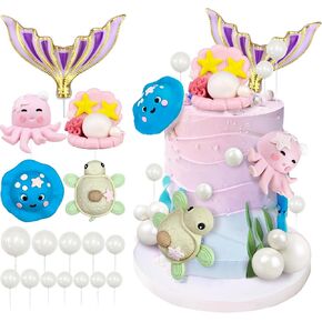 17 PCS Under the Sea Cake Decorations Ocean Theme Cake Toppers with Sea Animals for Boys Girls Baby Shower Birthday Party Supplies