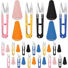 Lasnten 12 Pcs Multicolor Mini Sewing Scissors with 12 Pcs Leather Sheath Cover 4.25 Inch High-carbon Steel Thread Cutter Snips U-shaded Yarn Scissors for Sewing Quilting Knitting DIY Embroidery