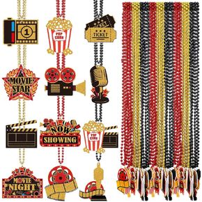 Ecally 36 Pcs Movie Night Theme Party Decorations Movie Night Beaded Necklaces Bulk Theater Party Sign Necklaces with Red Black Gold Color Now Showing Ticket Kit Decor for Birthday Supplies