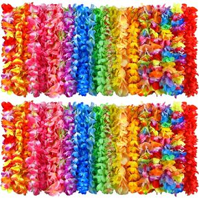 120 Packs Hawaiian Luau Leis Bulk Tropical Hawaii Theme Silk Flower Necklace Summer Beach Party Decorations Birthday Party Favors
