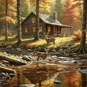 Forest Elk House Diamond Art Kits for Adults, 5D Autumn Diamond Painting Kits for Adults Beginners, DIY Full Round Drill Diamond Dot Painting Gem Art Kits for Adult, Home Wall Decor 13.8x13.8 Inch
