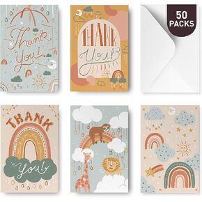 Rileys Baby Shower Thank You Cards with Envelopes, 50 Pack, Baby Thank You Cards for Gifts, Hand-Illustrated 5 Designs Boy, Girl and Neutral, Bulk Variety Pack (Nature)