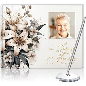 Ca & Gi Store Elegant Funeral Guest Book with Neutral Floral Design, Memorial Guest Book Gold Embossed Cover, Includes Photo Insert, Lay Flat Binding, with Silver Pen and Acrylic Base