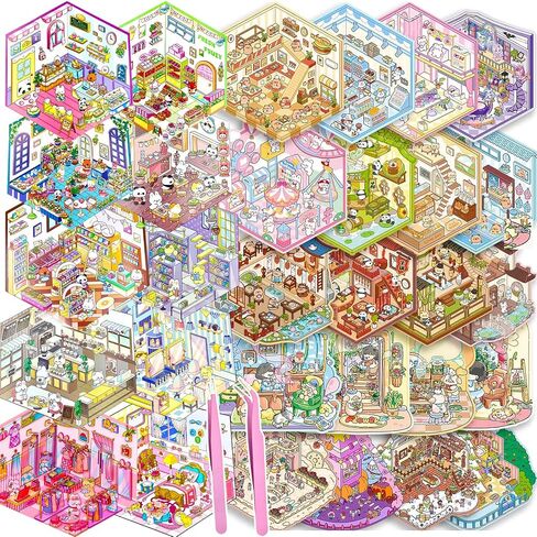 30 Sets DIY 3D House Stickers Kit Non-Toxic & Safe 3D Miniature Scene Therapy for Kids & Adults, Stress Relief Sticker Cartoon Scenes with Tweezers, Reusable Miniature Room DIY Sticker Kit for Age 3+ in Saudi Arabia