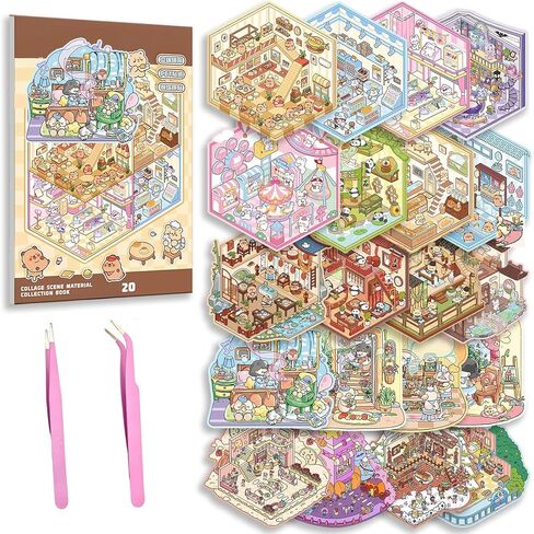 30 Sets DIY 3D House Stickers Kit Non-Toxic & Safe 3D Miniature Scene Therapy for Kids & Adults, Stress Relief Sticker Cartoon Scenes with Tweezers, Reusable Miniature Room DIY Sticker Kit for Age 3+ in Saudi Arabia