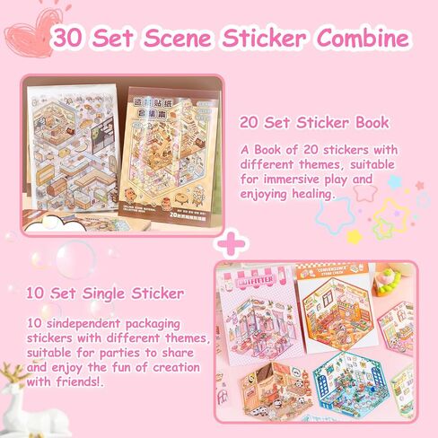 30 Sets DIY 3D House Stickers Kit Non-Toxic & Safe 3D Miniature Scene Therapy for Kids & Adults, Stress Relief Sticker Cartoon Scenes with Tweezers, Reusable Miniature Room DIY Sticker Kit for Age 3+ in Saudi Arabia