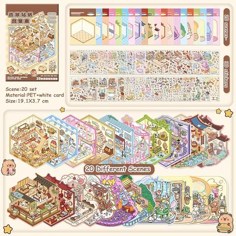 30 Sets DIY 3D House Stickers Kit Non-Toxic & Safe 3D Miniature Scene Therapy for Kids & Adults, Stress Relief Sticker Cartoon Scenes with Tweezers, Reusable Miniature Room DIY Sticker Kit for Age 3+ in Saudi Arabia