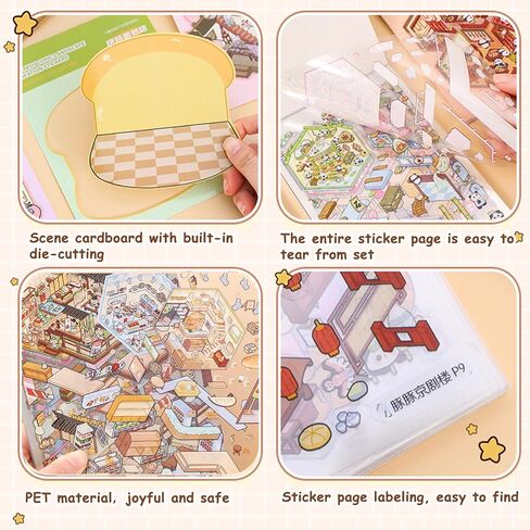 30 Sets DIY 3D House Stickers Kit Non-Toxic & Safe 3D Miniature Scene Therapy for Kids & Adults, Stress Relief Sticker Cartoon Scenes with Tweezers, Reusable Miniature Room DIY Sticker Kit for Age 3+ in Saudi Arabia