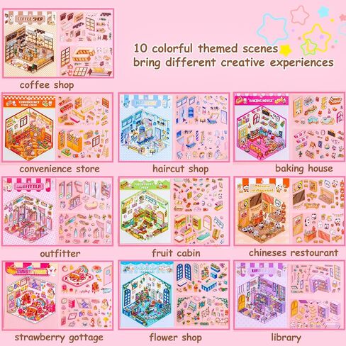 30 Sets DIY 3D House Stickers Kit Non-Toxic & Safe 3D Miniature Scene Therapy for Kids & Adults, Stress Relief Sticker Cartoon Scenes with Tweezers, Reusable Miniature Room DIY Sticker Kit for Age 3+ in Saudi Arabia