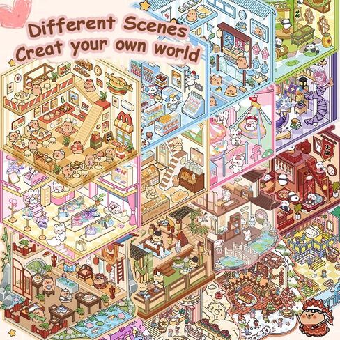30 Sets DIY 3D House Stickers Kit Non-Toxic & Safe 3D Miniature Scene Therapy for Kids & Adults, Stress Relief Sticker Cartoon Scenes with Tweezers, Reusable Miniature Room DIY Sticker Kit for Age 3+ in Saudi Arabia