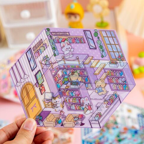 30 Sets DIY 3D House Stickers Kit Non-Toxic & Safe 3D Miniature Scene Therapy for Kids & Adults, Stress Relief Sticker Cartoon Scenes with Tweezers, Reusable Miniature Room DIY Sticker Kit for Age 3+ in Saudi Arabia
