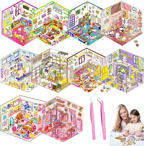30 Sets DIY 3D House Stickers Kit Non-Toxic & Safe 3D Miniature Scene Therapy for Kids & Adults, Stress Relief Sticker Cartoon Scenes with Tweezers, Reusable Miniature Room DIY Sticker Kit for Age 3+ in Saudi Arabia