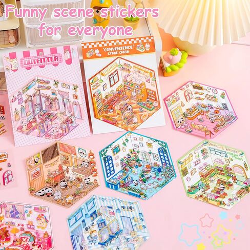 30 Sets DIY 3D House Stickers Kit Non-Toxic & Safe 3D Miniature Scene Therapy for Kids & Adults, Stress Relief Sticker Cartoon Scenes with Tweezers, Reusable Miniature Room DIY Sticker Kit for Age 3+ in Saudi Arabia