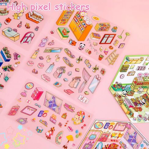 30 Sets DIY 3D House Stickers Kit Non-Toxic & Safe 3D Miniature Scene Therapy for Kids & Adults, Stress Relief Sticker Cartoon Scenes with Tweezers, Reusable Miniature Room DIY Sticker Kit for Age 3+ in Saudi Arabia