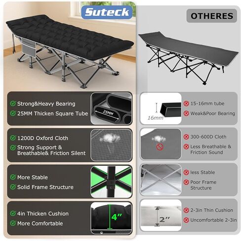 سرير تخييم Suteck، سرير تخييم قابل للطي مقاس 32 بوصة XXL، سرير نوم شديد التحمل للبالغين، سرير أكسفورد بطبقة مزدوجة 1200D للتخييم مع حقيبة حمل مرتبة وسادة للسفر في المنزل والمكتب in Kuwait