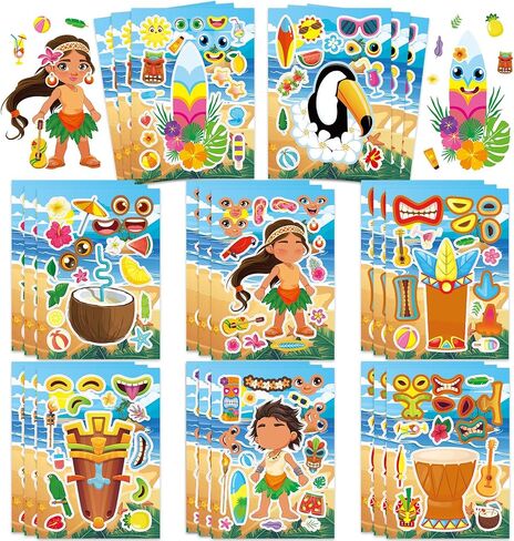 24 Sheets Tiki Make a Face Sticker, Make Your Own Tropical Hawaii Mix and Match Stickers Summer Stickers for Boy Girls Home School Classroom Crafts Activities Summer Party Favors in Kuwait