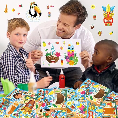 24 Sheets Tiki Make a Face Sticker, Make Your Own Tropical Hawaii Mix and Match Stickers Summer Stickers for Boy Girls Home School Classroom Crafts Activities Summer Party Favors in Kuwait