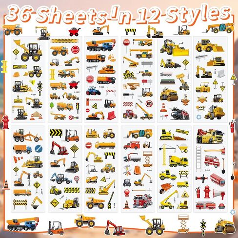 36 Sheets 3D Construction Stickers for Kids (900+), Bulk Puffy Truck Stickers - Excavator, Bulldozer, Crane with Safety Signs & Tools for Boys Crafts, Rewards in Kuwait