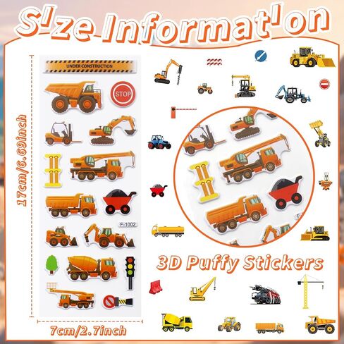 36 Sheets 3D Construction Stickers for Kids (900+), Bulk Puffy Truck Stickers - Excavator, Bulldozer, Crane with Safety Signs & Tools for Boys Crafts, Rewards in Kuwait
