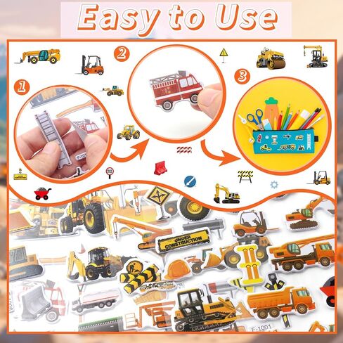 36 Sheets 3D Construction Stickers for Kids (900+), Bulk Puffy Truck Stickers - Excavator, Bulldozer, Crane with Safety Signs & Tools for Boys Crafts, Rewards in Kuwait