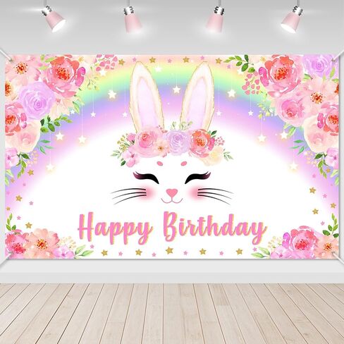 Avezano Bunny Banner Banner Pink Floral Rainbow Bunny عيد ميلاد سعيد ديكورات حفلة عيد ميلاد أرنب الزخارف للفتيات ربيع عيد ميلاد عيد ميلاد لوازم 70.8 × 43.3 بوصة in Kuwait