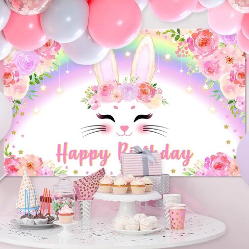 Avezano Bunny Banner Banner Pink Floral Rainbow Bunny عيد ميلاد سعيد ديكورات حفلة عيد ميلاد أرنب الزخارف للفتيات ربيع عيد ميلاد عيد ميلاد لوازم 70.8 × 43.3 بوصة in Kuwait
