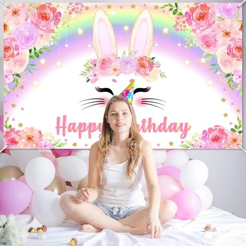 Avezano Bunny Banner Banner Pink Floral Rainbow Bunny عيد ميلاد سعيد ديكورات حفلة عيد ميلاد أرنب الزخارف للفتيات ربيع عيد ميلاد عيد ميلاد لوازم 70.8 × 43.3 بوصة in Kuwait