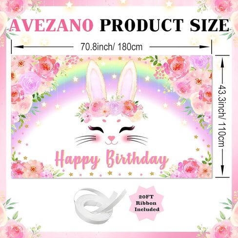 Avezano Bunny Banner Banner Pink Floral Rainbow Bunny عيد ميلاد سعيد ديكورات حفلة عيد ميلاد أرنب الزخارف للفتيات ربيع عيد ميلاد عيد ميلاد لوازم 70.8 × 43.3 بوصة in Kuwait