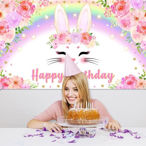 Avezano Bunny Banner Banner Pink Floral Rainbow Bunny عيد ميلاد سعيد ديكورات حفلة عيد ميلاد أرنب الزخارف للفتيات ربيع عيد ميلاد عيد ميلاد لوازم 70.8 × 43.3 بوصة in Kuwait