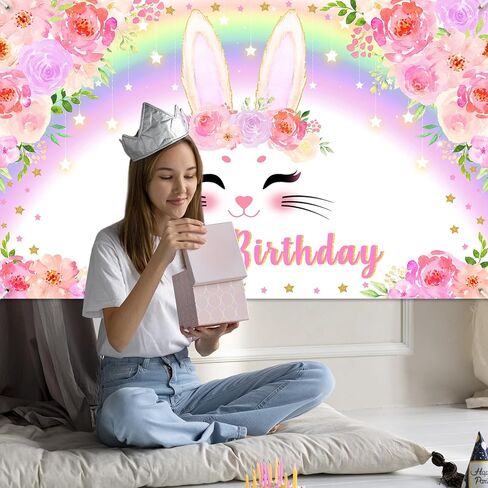Avezano Bunny Banner Banner Pink Floral Rainbow Bunny عيد ميلاد سعيد ديكورات حفلة عيد ميلاد أرنب الزخارف للفتيات ربيع عيد ميلاد عيد ميلاد لوازم 70.8 × 43.3 بوصة in Kuwait