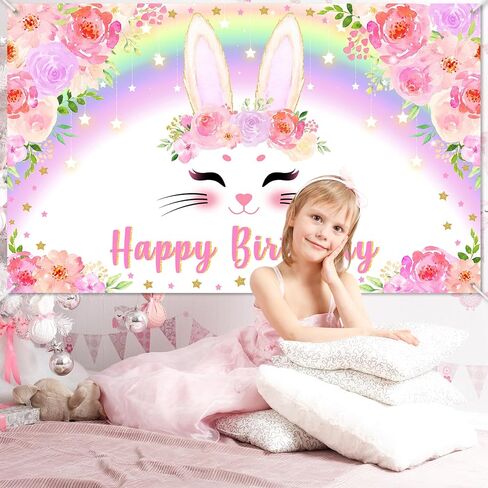 Avezano Bunny Banner Banner Pink Floral Rainbow Bunny عيد ميلاد سعيد ديكورات حفلة عيد ميلاد أرنب الزخارف للفتيات ربيع عيد ميلاد عيد ميلاد لوازم 70.8 × 43.3 بوصة in Kuwait
