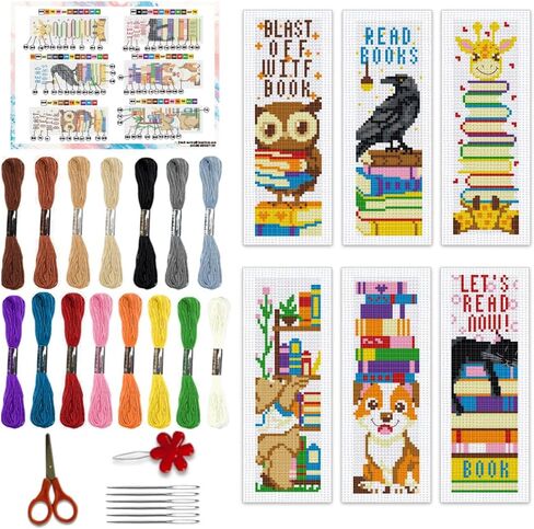 BEUNITONE 6 Pcs Cartoon Cross Stitch Bookmark Kit for Beginners Cute Animals Counted Cross Stitch Kit Embroidery Bookmarks with Instruction Stamped Bookmarks Handmade for Crafts Book Lovers 8.5''x3'' in Saudi Arabia