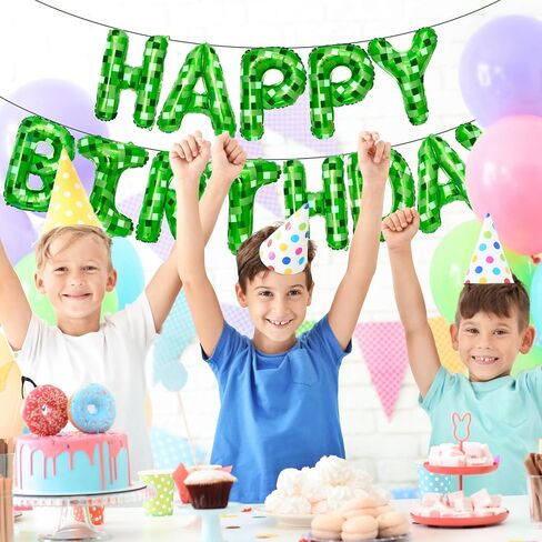 Green Pixel Themed Happy Birthday Party banner Decorations Kit with Green Pixel Balloons, Colorful Superhero Backdrop Supplies for Boys Kids Indoor Outdoor Celebration in Kuwait