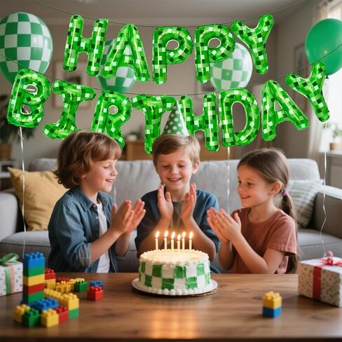 Green Pixel Themed Happy Birthday Party banner Decorations Kit with Green Pixel Balloons, Colorful Superhero Backdrop Supplies for Boys Kids Indoor Outdoor Celebration in Kuwait