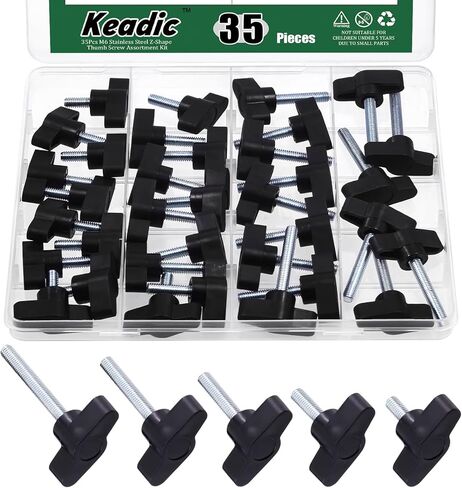 Keadic 35 قطعة M6 5 أحجام لقط المسمار المقبض ومسامير الإبهام مجموعة متنوعة من الفولاذ الكربوني 36# برغي إبهام مخرش على مقبض بلاستيكي على شكل حرف T-M6 x [13-50] مم in Kuwait
