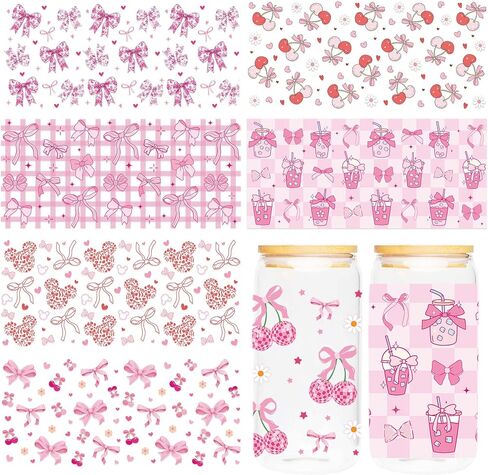 قمم القوس الوردي UV DTF Cup - 8 ورقة Conquette UV DTF Transfer Stickers ، Bow UVDTF Cup Wraps for Glass ، Sweet Waterproof Transfer ، DIY Crafts for Girls in Saudi Arabia