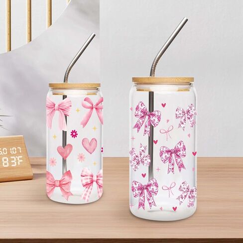 قمم القوس الوردي UV DTF Cup - 8 ورقة Conquette UV DTF Transfer Stickers ، Bow UVDTF Cup Wraps for Glass ، Sweet Waterproof Transfer ، DIY Crafts for Girls in Saudi Arabia