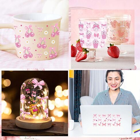 قمم القوس الوردي UV DTF Cup - 8 ورقة Conquette UV DTF Transfer Stickers ، Bow UVDTF Cup Wraps for Glass ، Sweet Waterproof Transfer ، DIY Crafts for Girls in Saudi Arabia