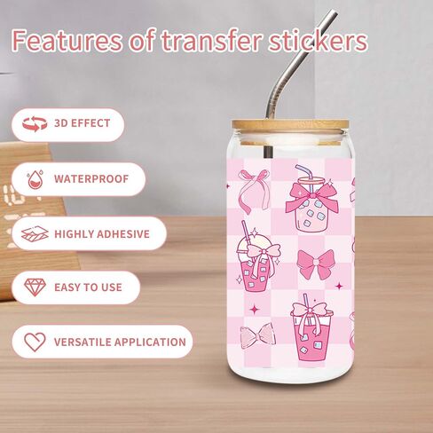 قمم القوس الوردي UV DTF Cup - 8 ورقة Conquette UV DTF Transfer Stickers ، Bow UVDTF Cup Wraps for Glass ، Sweet Waterproof Transfer ، DIY Crafts for Girls in Saudi Arabia