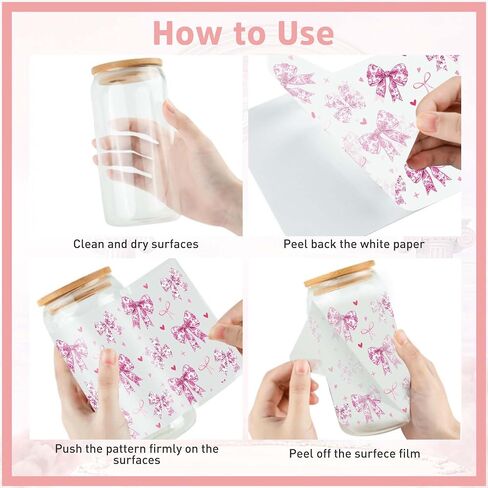 قمم القوس الوردي UV DTF Cup - 8 ورقة Conquette UV DTF Transfer Stickers ، Bow UVDTF Cup Wraps for Glass ، Sweet Waterproof Transfer ، DIY Crafts for Girls in Saudi Arabia