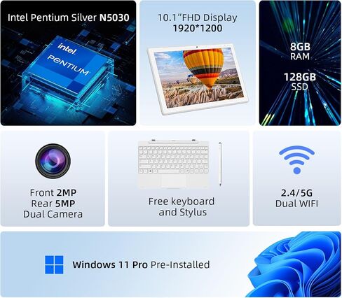 Detachable 2 in 1 Laptop Touchscreen, 8GB DDR4 RAM/128GB SSD, 10.1" Win 11 Tablet with Keyboard, Intel Pentium N5030 (Up 3.1GHz), 2.4G+5G WiFi, Bluetooth, USB3.0, Dual Camera in Saudi Arabia